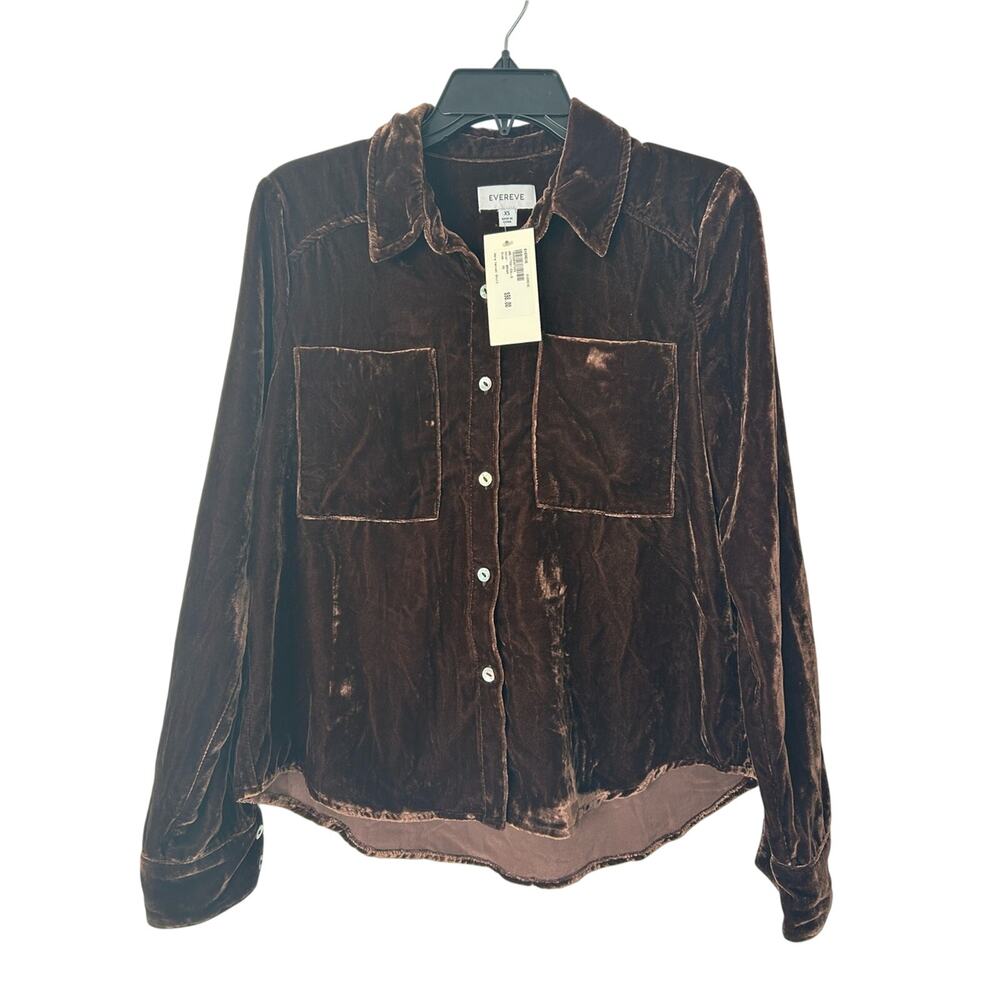NWT Evereve Women’s Nora Brown Velvet Button-Up Shirt Size XS